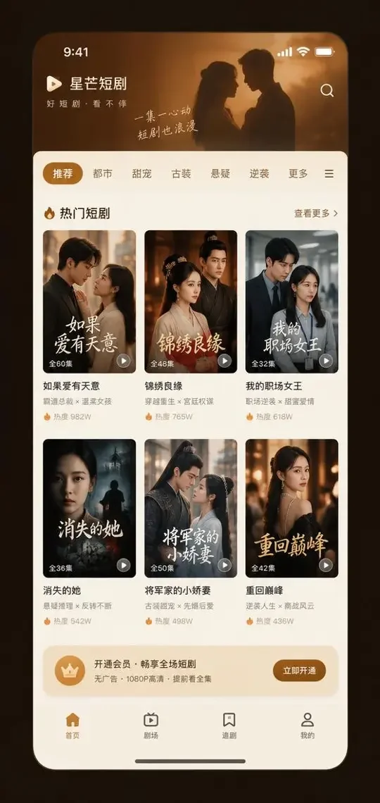 糯米短剧APP首页界面预览，暖橙米白配色的短剧推荐列表